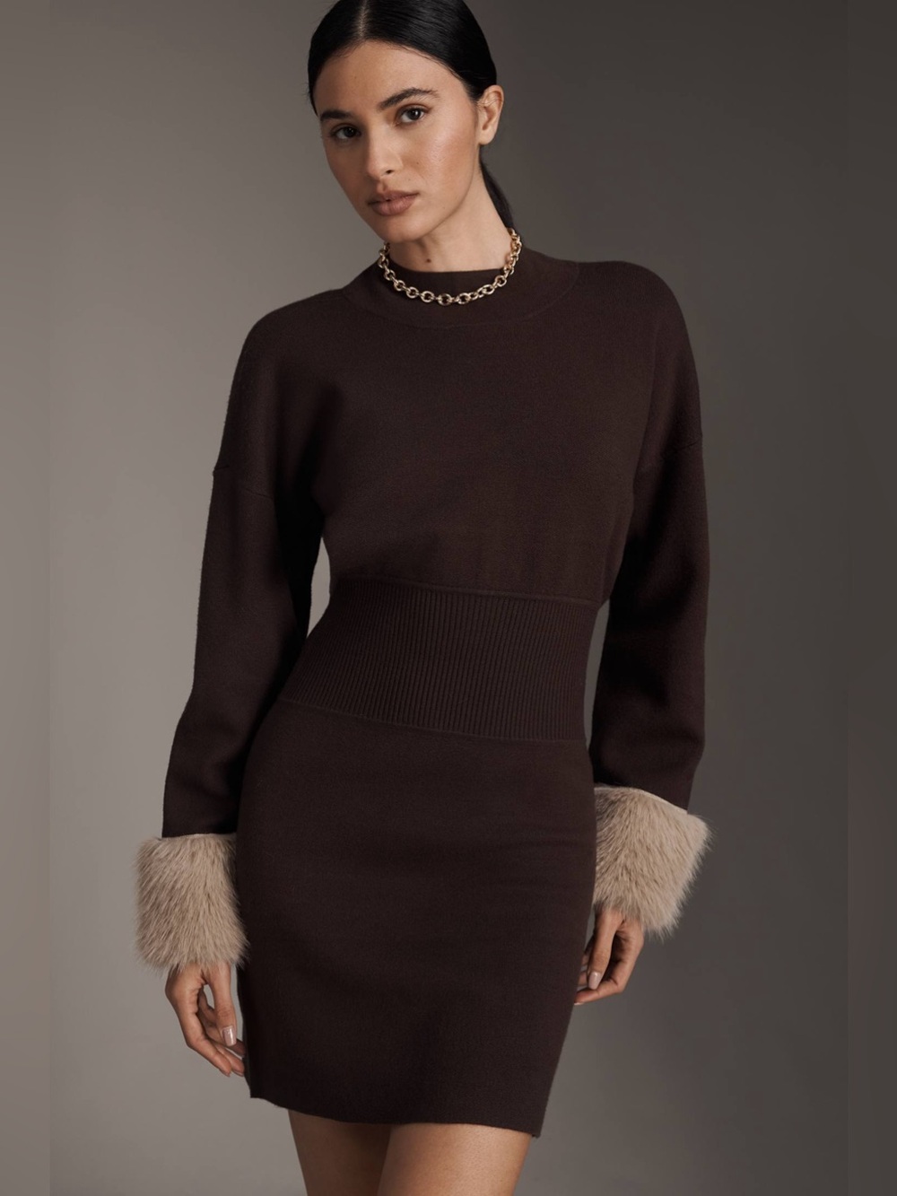 Anthropologie Long-Sleeve Faux Fur Trim Sweater Mini Dress
